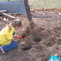 Sam digging for dinosaur bones.